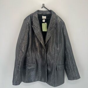 H&M Metallic Retro Shimmery Shiny Single Breasted Woven Blazer In Black Silver